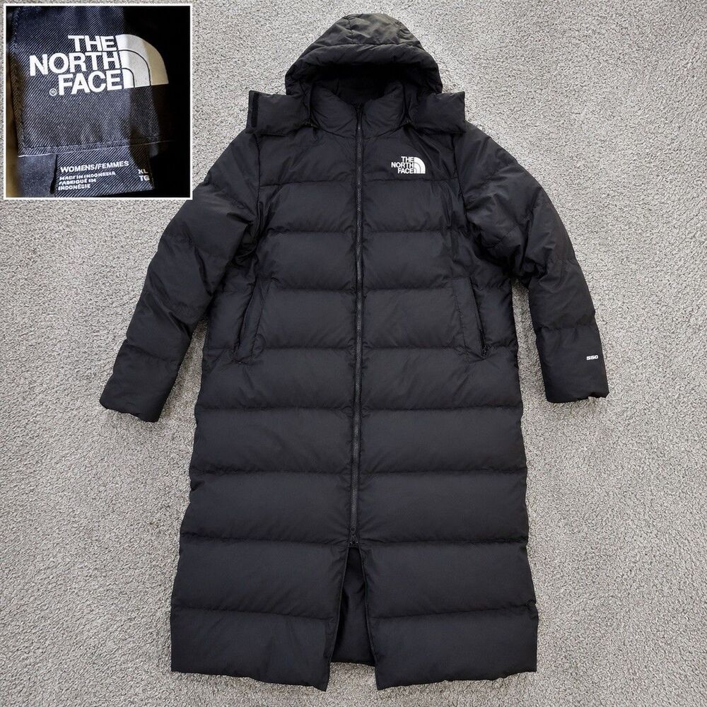 The North Face Women XL 550 Down Long Puffer Parka Black Coat Detachable Hood